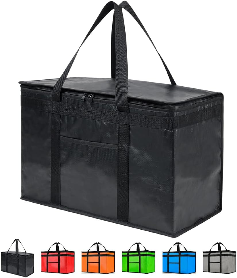XXL Insulated Cooler Bag and Food Warmer for Food Delivery and Grocery Shopping, Black, Zippered Top (1 Pack)