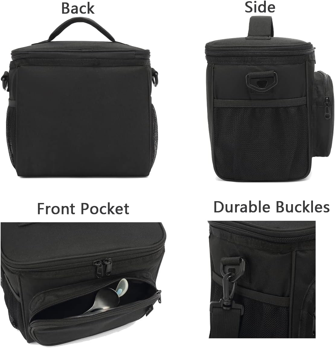 Insulated Lunch Bag for Adults - Spacious Cooler Tote with Adjustable Strap, Front Pocket, and Dual Large Mesh Side Pockets in Black