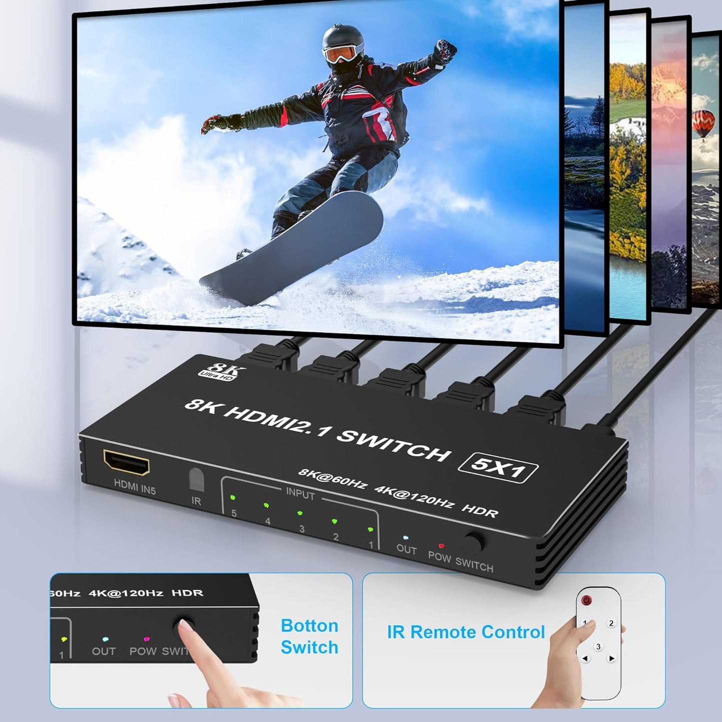 8K HDMI Switcher - 5-Port HDMI Splitter with IR Remote, Supports 8K@60Hz and 4K@120Hz for Xbox, PS4, PC, and TV