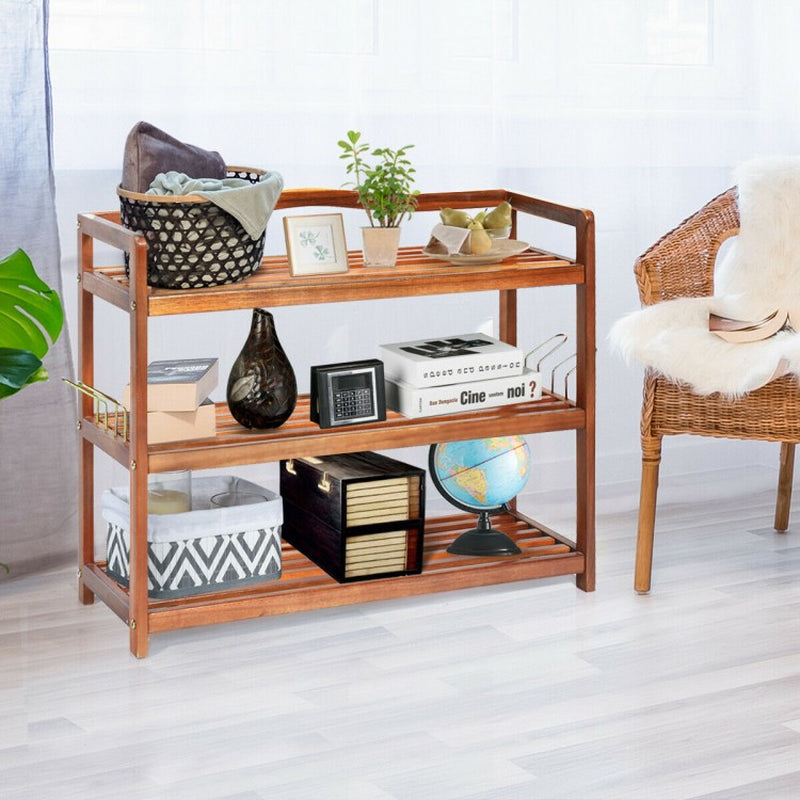 Acacia Wood Shoe Rack with 2-Tier, 3-Tier, and 5-Tier Options and Side Metal Hooks