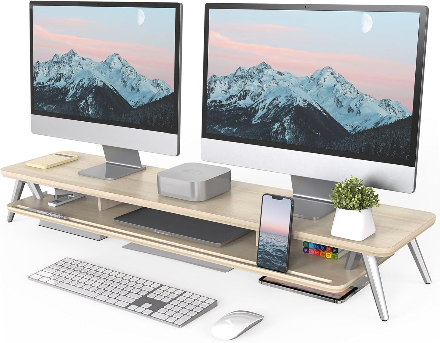 Dual Monitor Stand with Storage Organizer and Cable Management, 42.5-Inch Wooden Desk Shelf for Office Use (White)