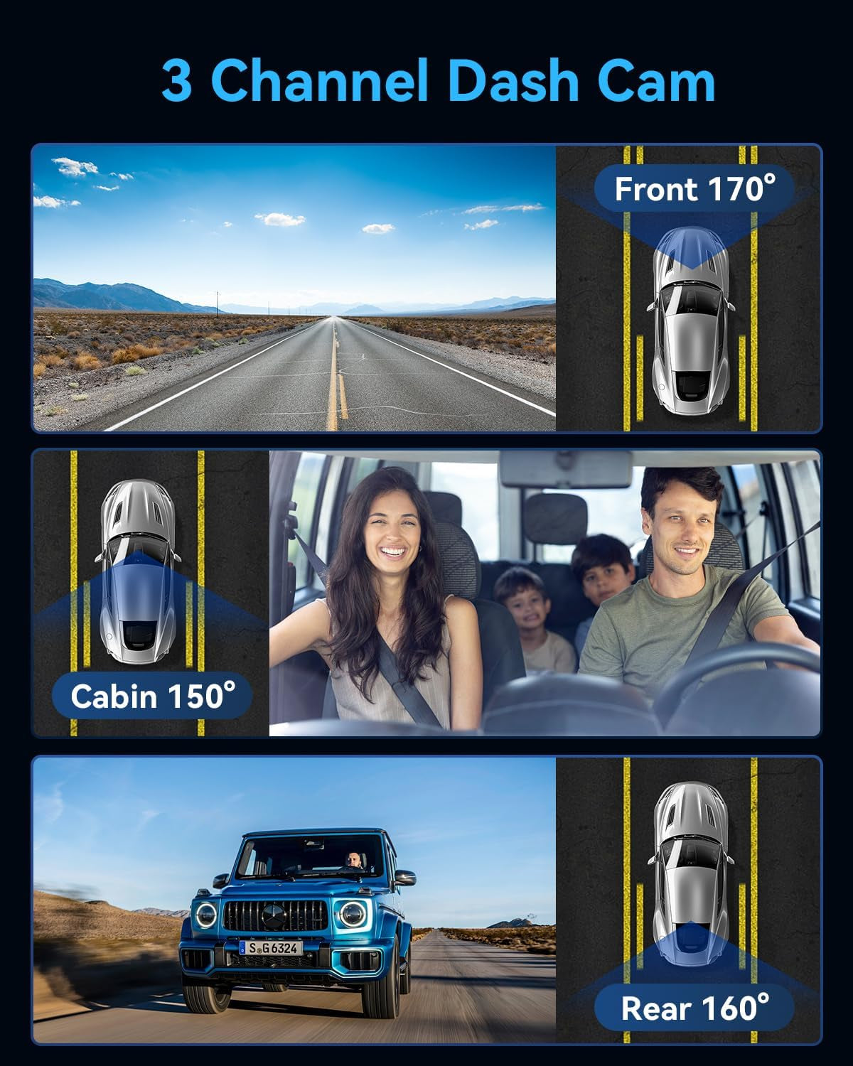 4K Full HD 3-Channel Dash Camera - Front and Rear View, Includes Free 32GB Card, Night Vision, G-Sensor, 24-Hr Park Mode, 170° Wide Angle, and Loop Recording