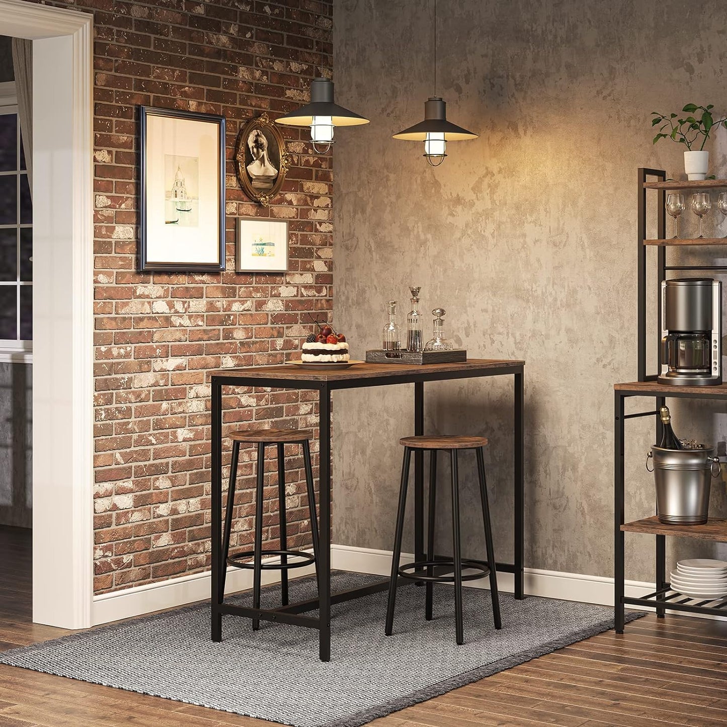 Set of 2 Round Bar Stools with Footrest, Sturdy Steel Frame, Brown Finish