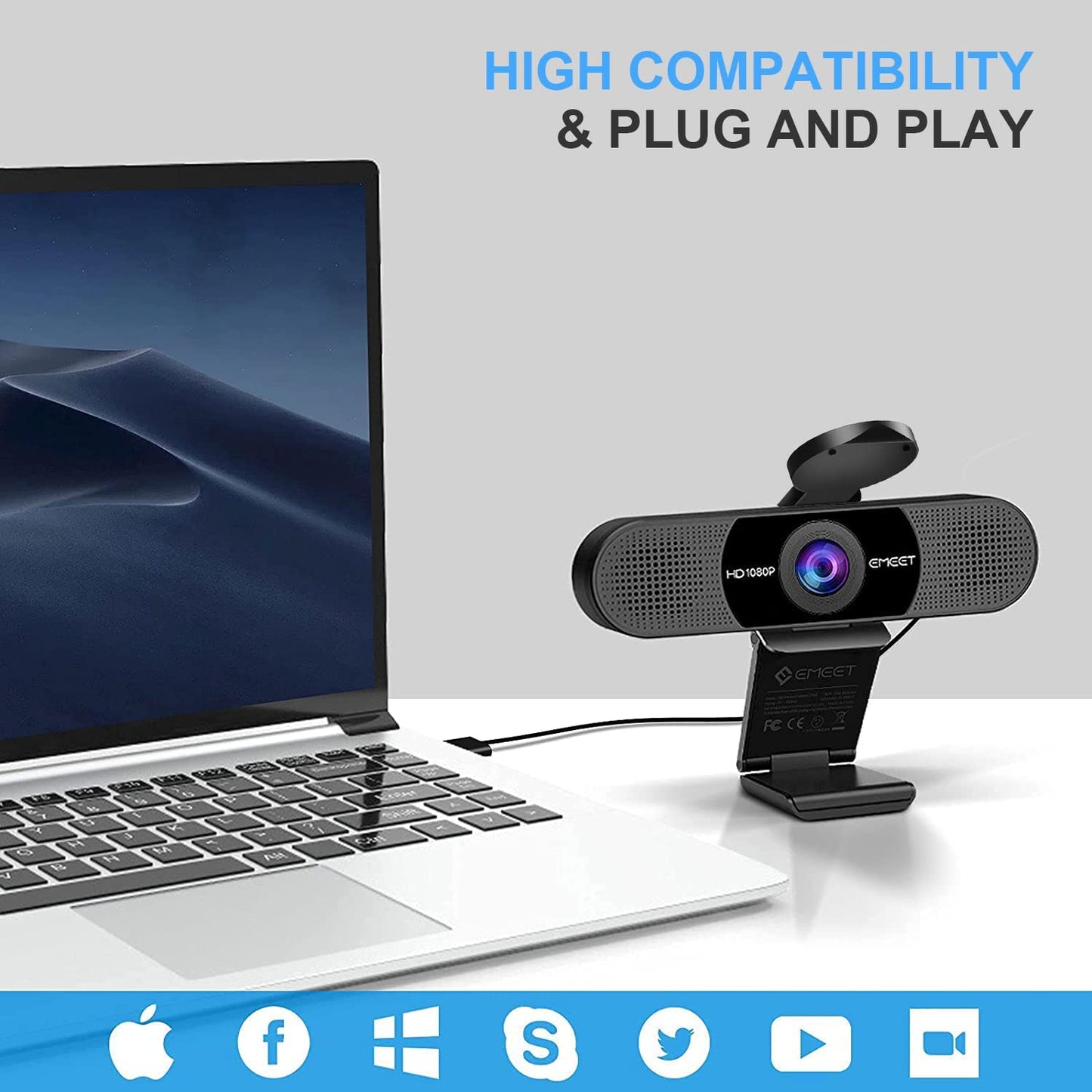 Webcam with Dual Microphones, 90° FOV, USB Plug Play-Online Conferencing and Streaming - Laptop and PC