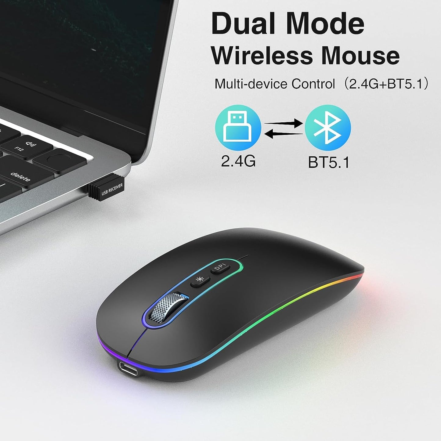 Slim Rechargeable Wireless Bluetooth Mouse with Dual Mode (BT 5.1 + 2.4G) - Portable Silent Cordless Mouse
