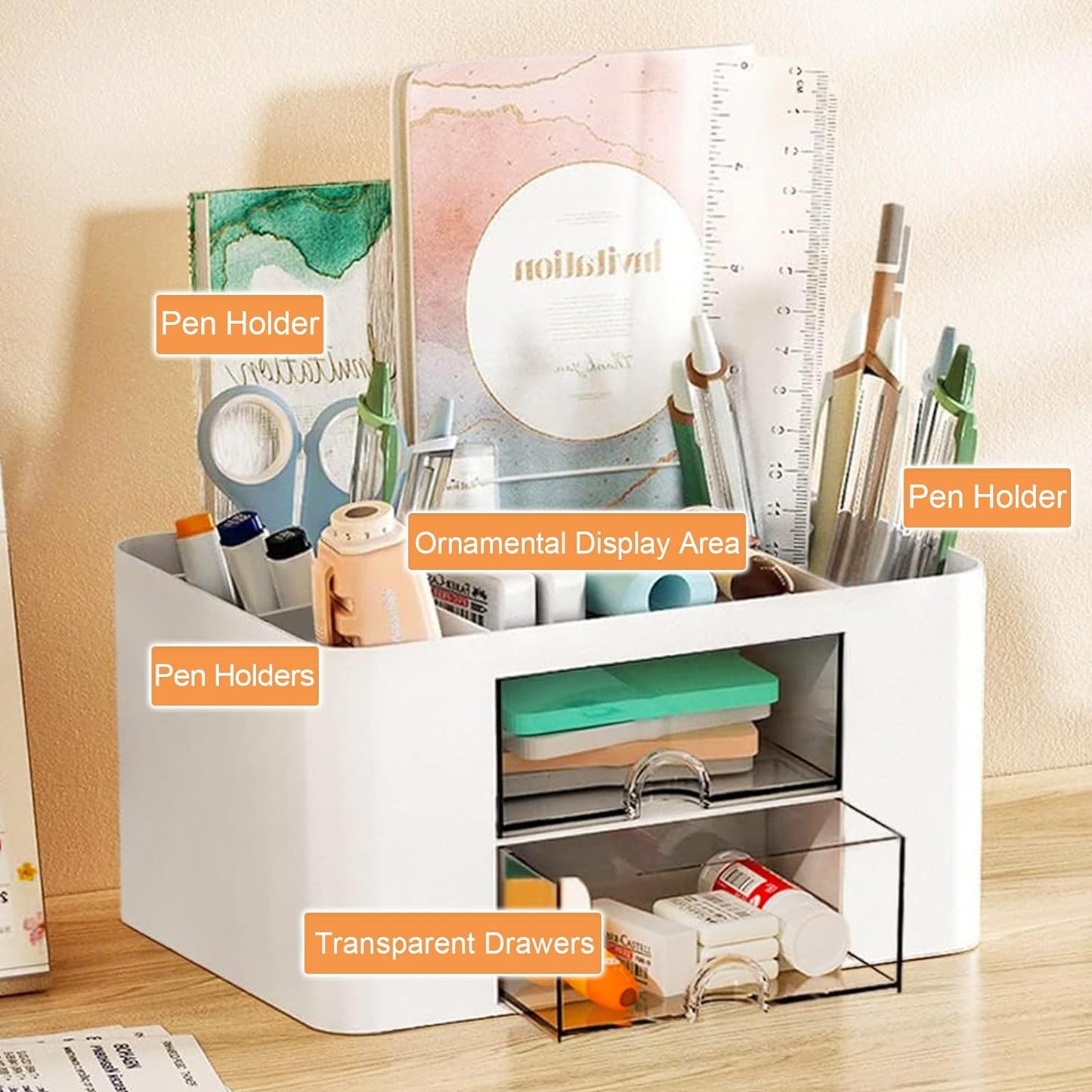 4-Section Drawer Organizer with Dual Pen Holders for Desktop Storage - Versatile Plastic Makeup and Desk Organizer for Home, School, and Office Supplies (White)