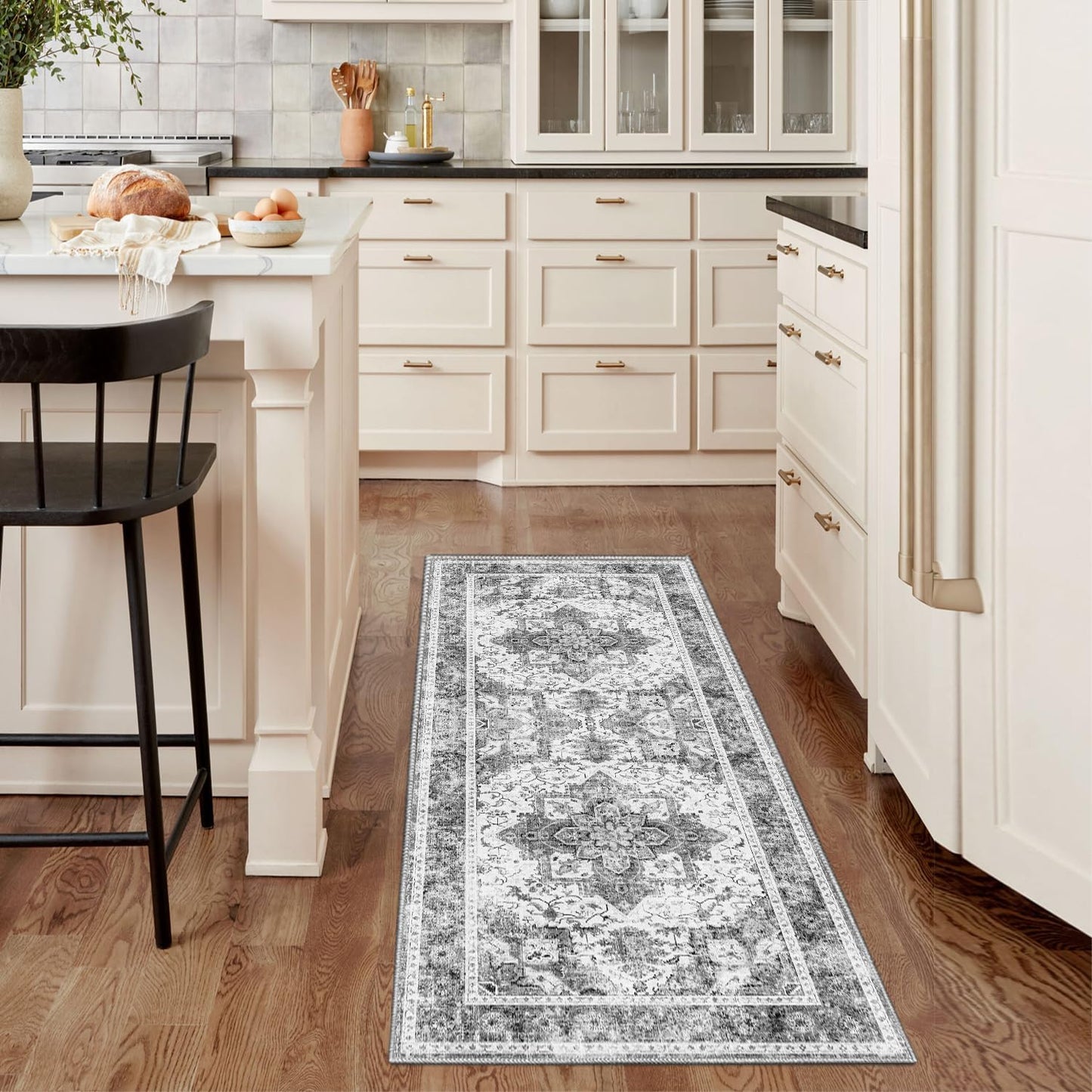 Boho Non-Slip Washable Runner Rug for Hallway and Kitchen, 2x5 Ft Light Grey Area Mat for Bedroom, Bath, Laundry, and Entryway