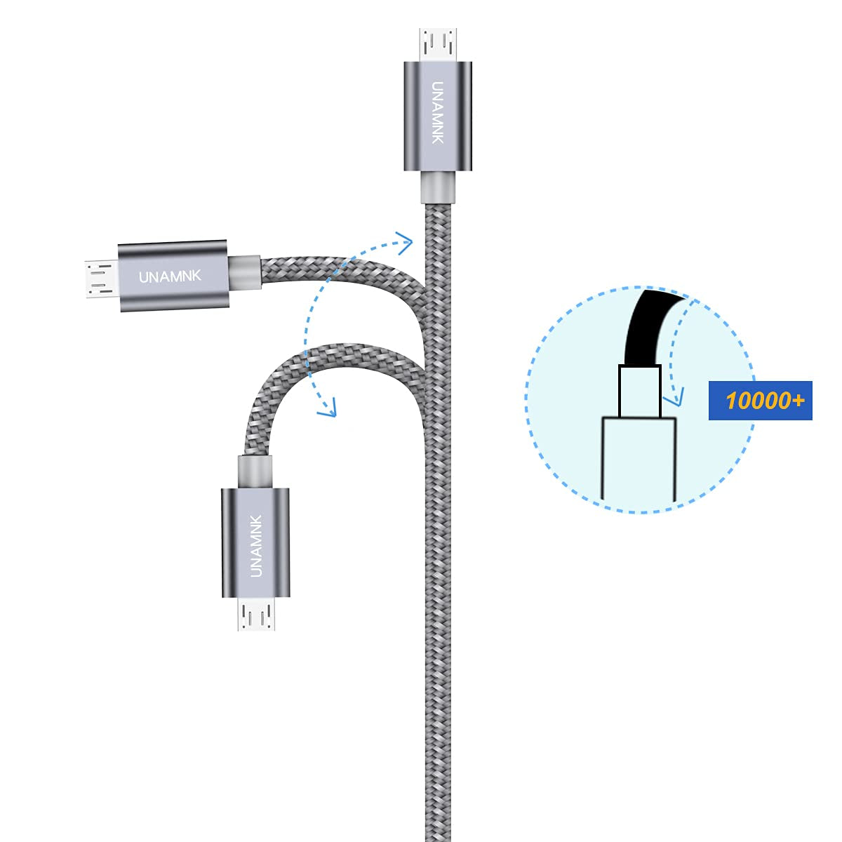 Micro USB Cable 6.6 Feet - USB A Male to Micro B Male Charger for Android Devices (Aramid Fiber & Double Braided Nylon) -(Gray)