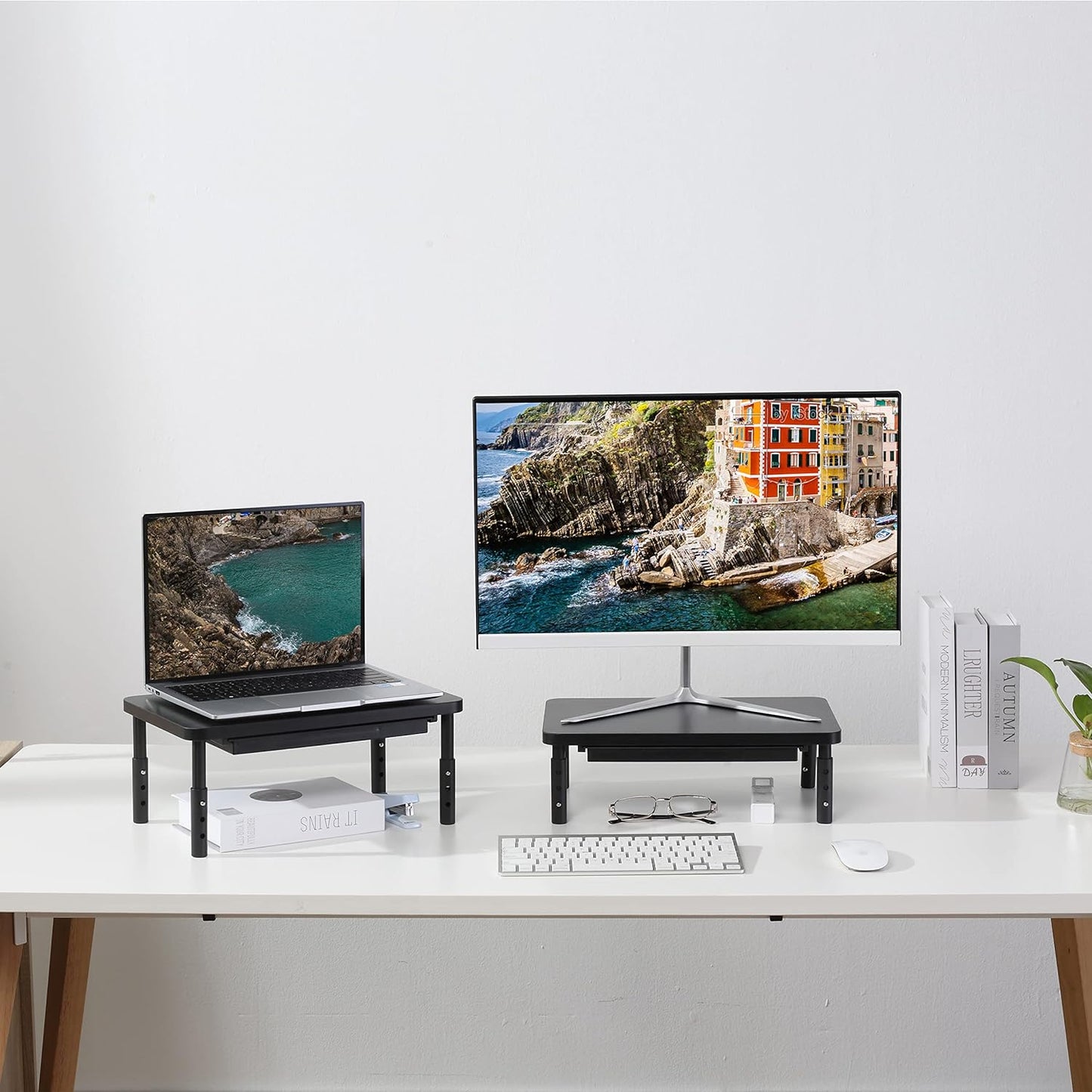Height Adjustable Monitor Stand with Storage Drawer - Ergonomic Wood Desk Organizer for Office and Home