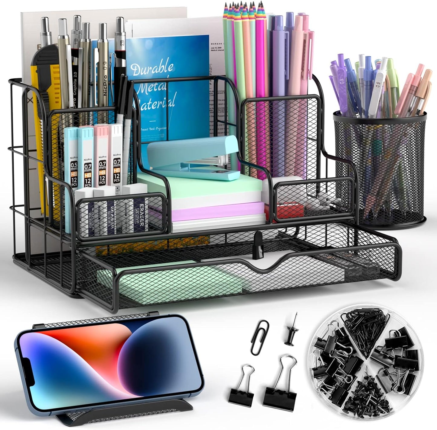 Black Mesh Desktop Organizer Set with Drawers, Pen and Phone Holders, 72 Paper Clips, and Office Supply Caddy for Home and Office Use