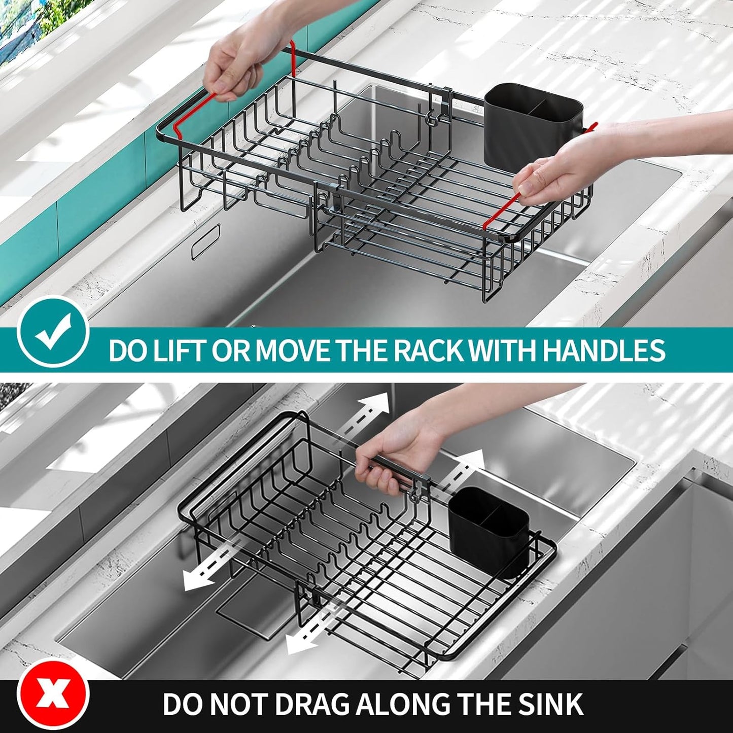 Adjustable Expandable Dish Drying Rack for Over-the-Sink Use, Rustproof Kitchen Dish Drainer with Utensil Holder