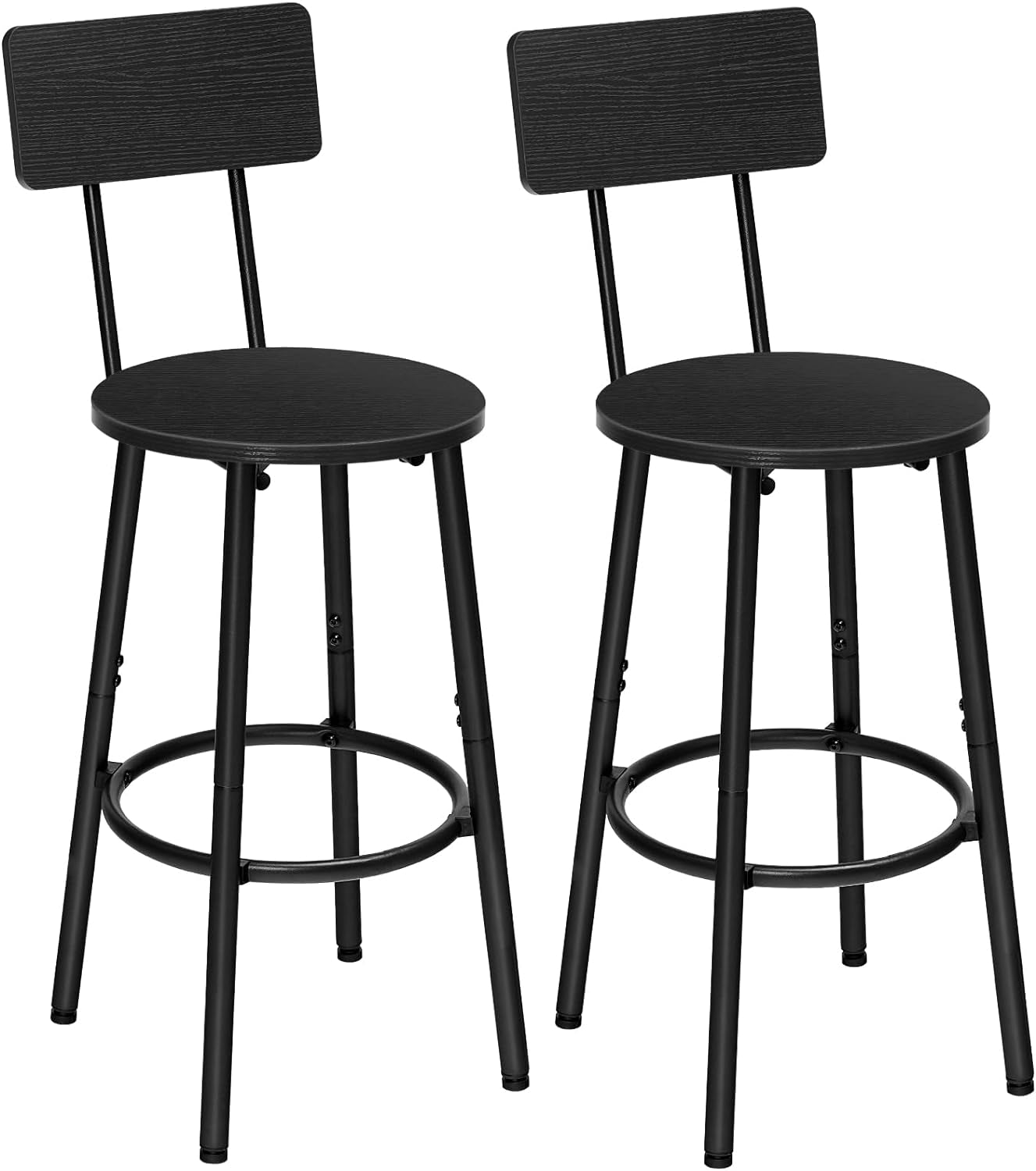 Set of 2 Adjustable Bar Stools with Footrest and Backrest, Rustic Brown and Black, Easy Assembly for Kitchen, Living Room, Bar