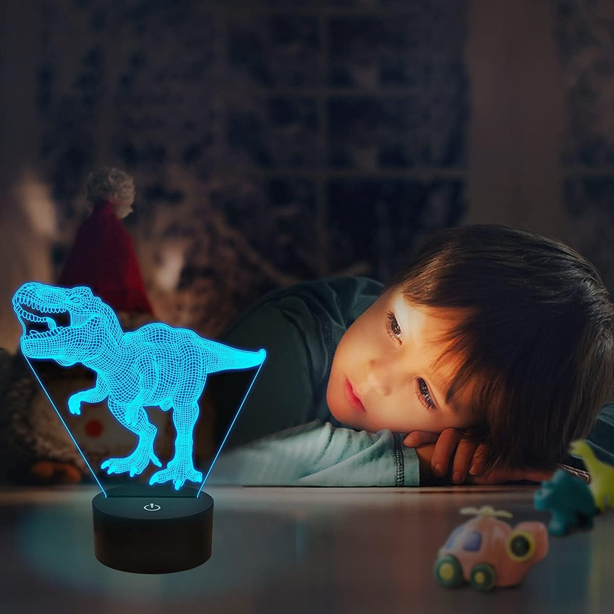 Dinosaur 3D Hologram Illusion Bedside Lamp with Remote Control, 16 Color Changing and Dimmable Features - Ideal Gift for Boys and Children for Christmas and Birthdays