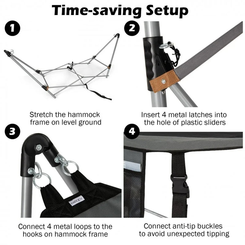 Folding Indoor-Outdoor Hammock with Side Pocket and Iron Stand