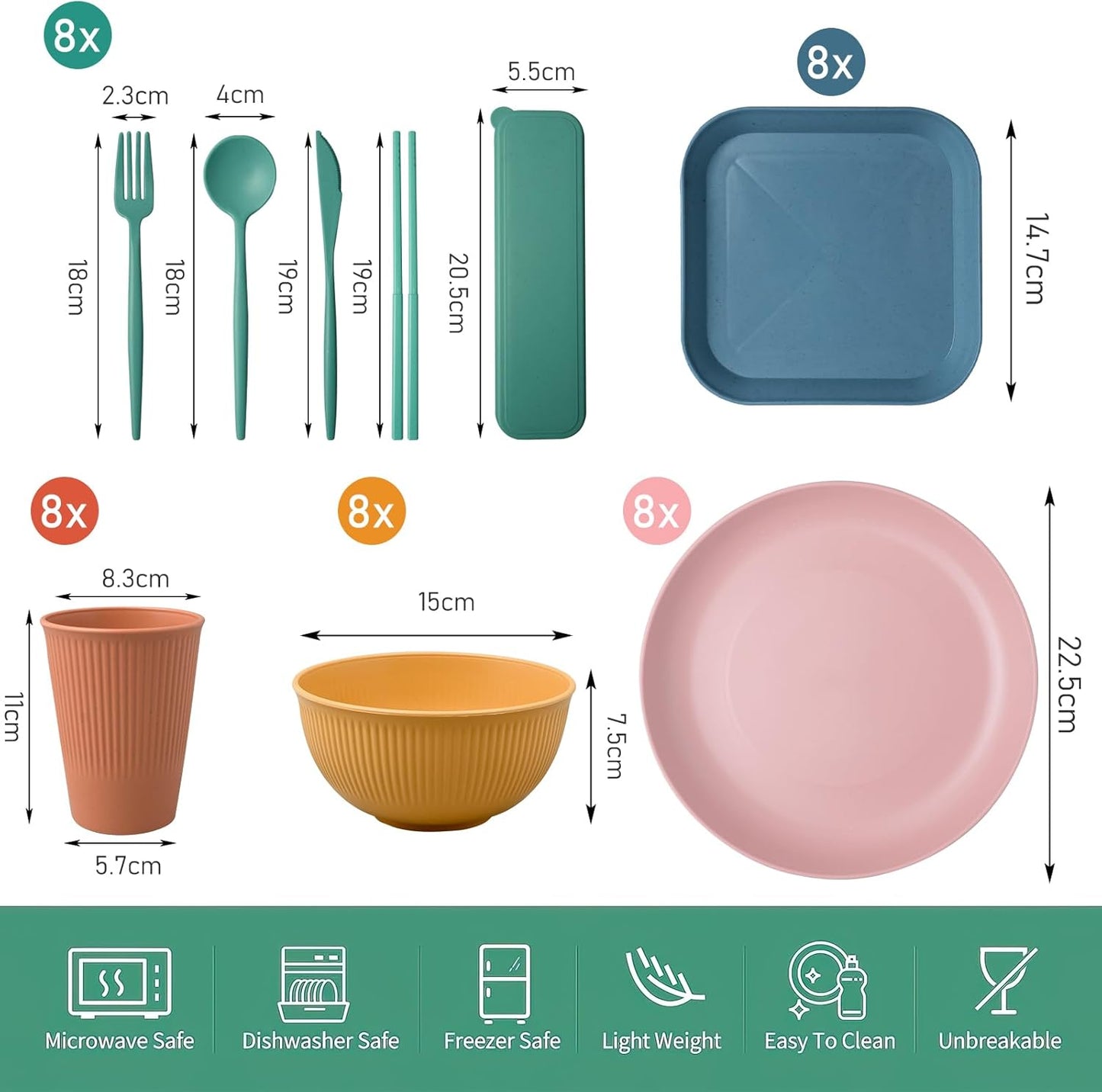 72-Piece Wheat Straw Dinnerware Set - Unbreakable, Microwave-Safe, Lightweight, Reusable Bowls, Plates, Cups, Knives, Forks, and Spoons Utensil Set (Set of 8)