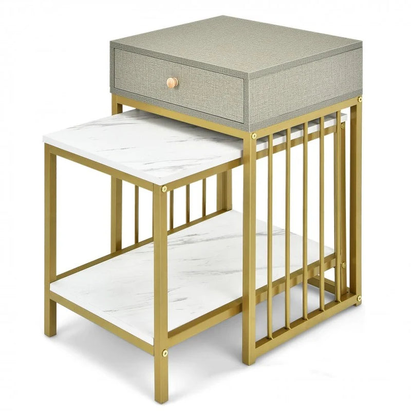 Modern Nesting Coffee Table Set with Drawer and Shelf - 2 Pieces