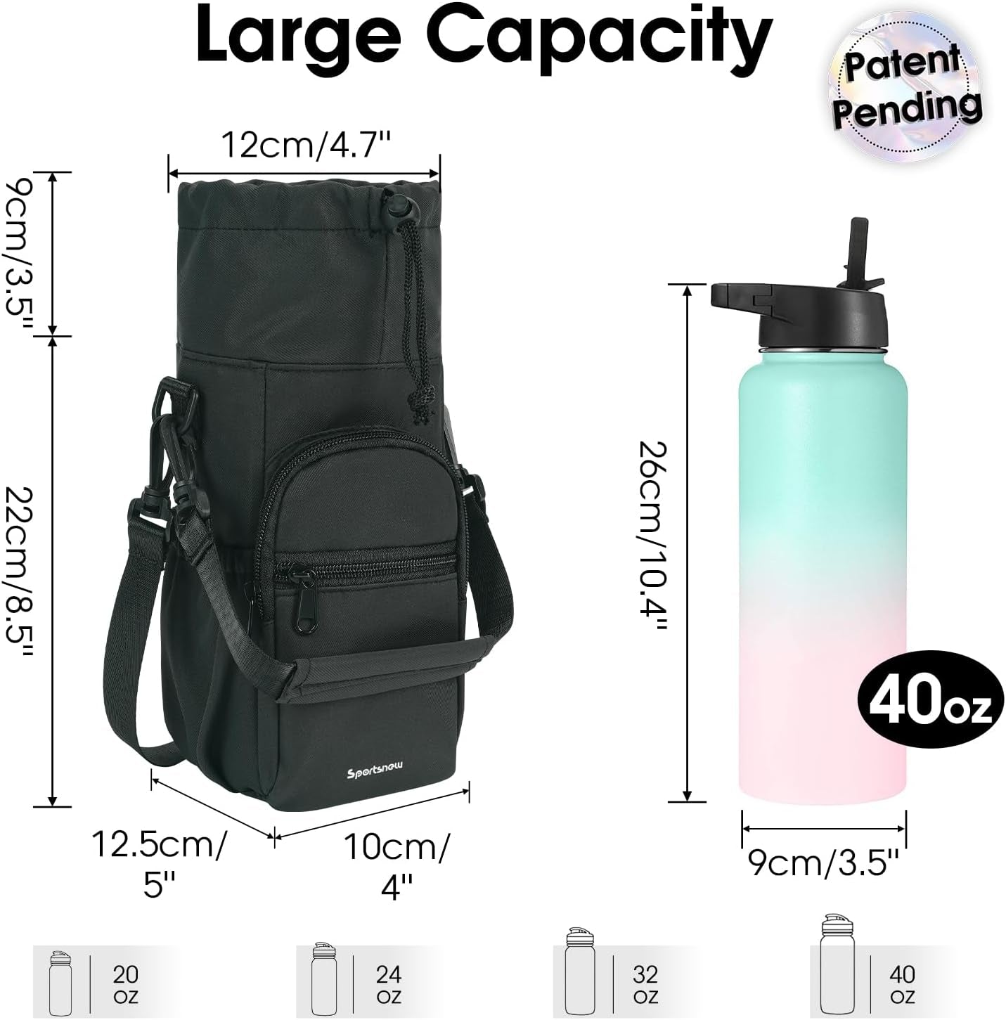 Insulated Water Bottle Carrier Bag - 32oz, 40oz Bottles, Adjustable Shoulder Strap and Dual Pockets