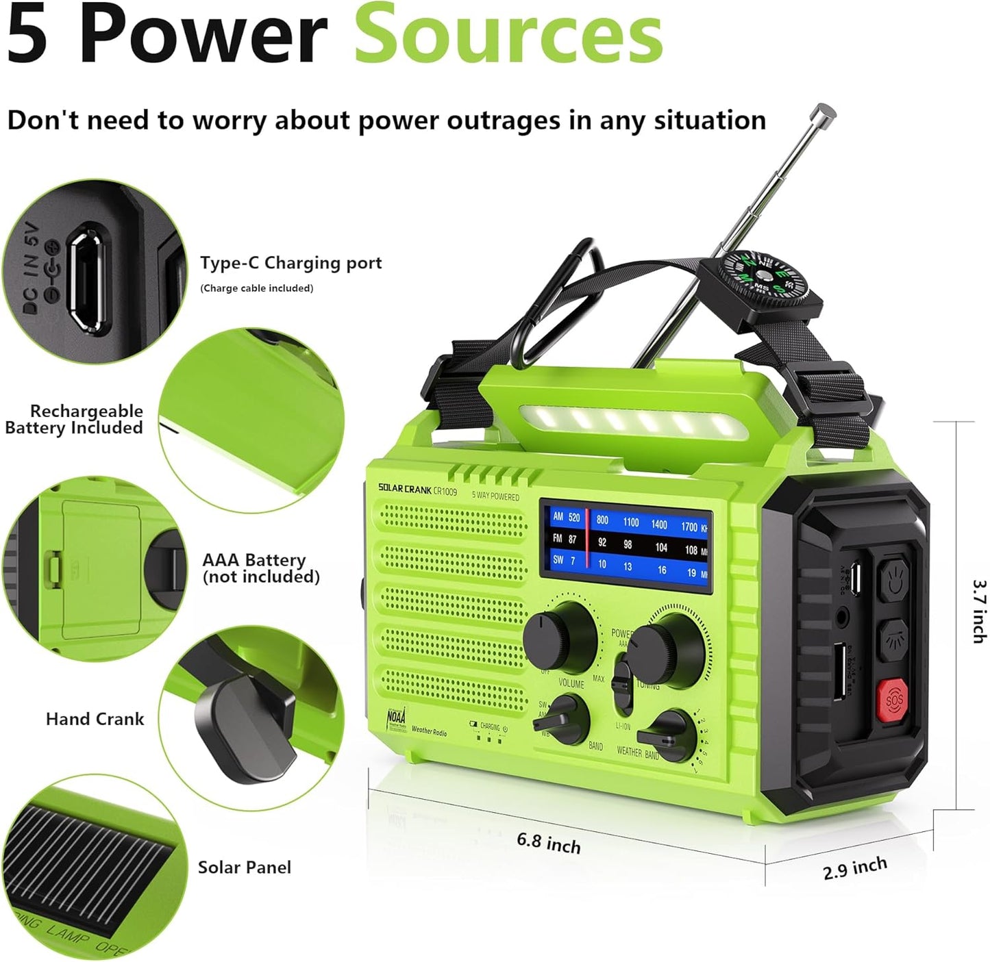 5-Way Powered Emergency Weather Radio Solar Charging, Hand Crank, USB Charger - 5000 Rechargeable, Radio, SOS Alarm, LED Camping Flashlight, Reading Lamp, Headphone Jack, Compass