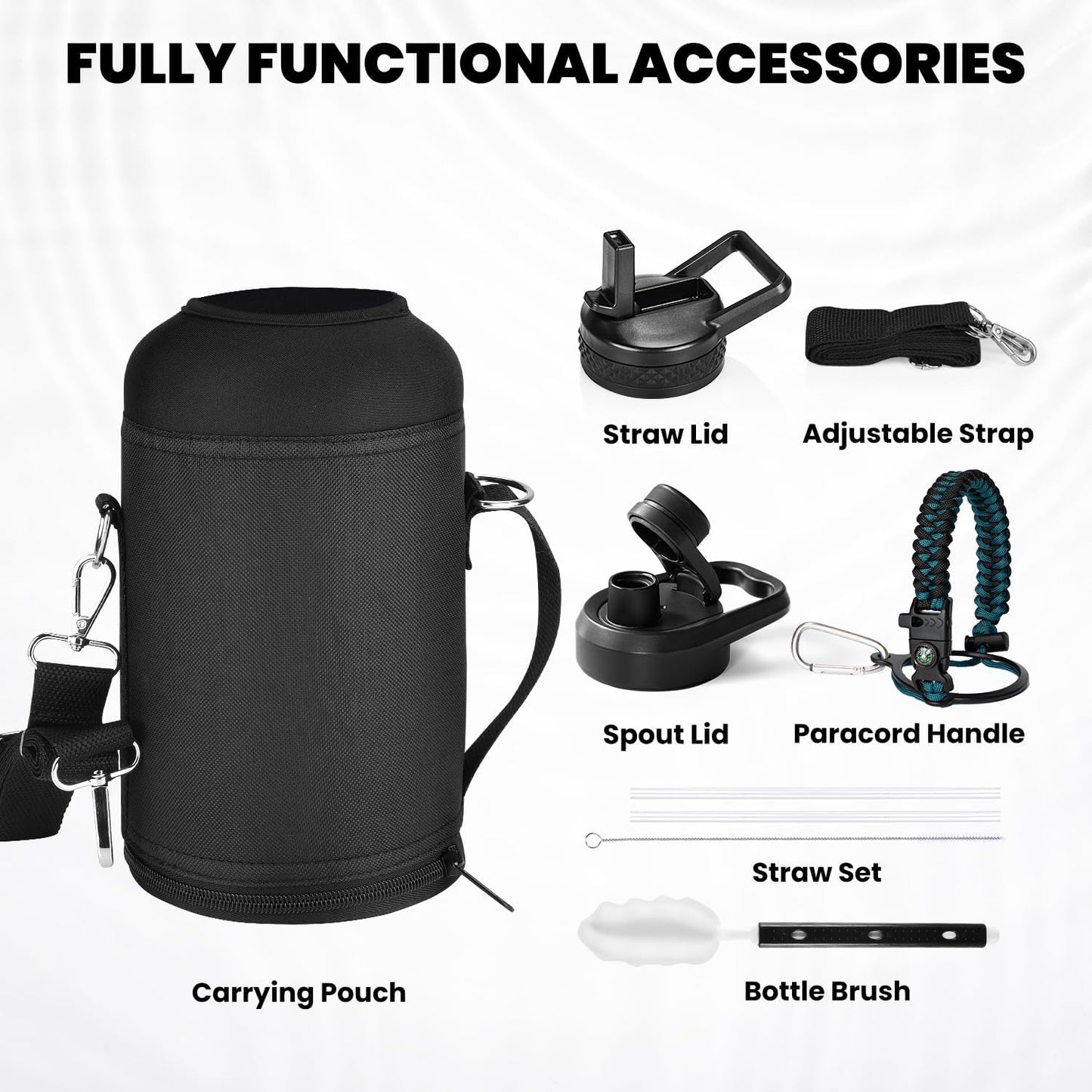 64 Oz Insulated Water Bottle - Triple Wall Vacuum Stainless Steel, Cold Retention for 48 Hours, Leak Proof & BPA-Free, Half Gallon Flask with Paracord Handle & Straw Spout Lids, Indigo/Black