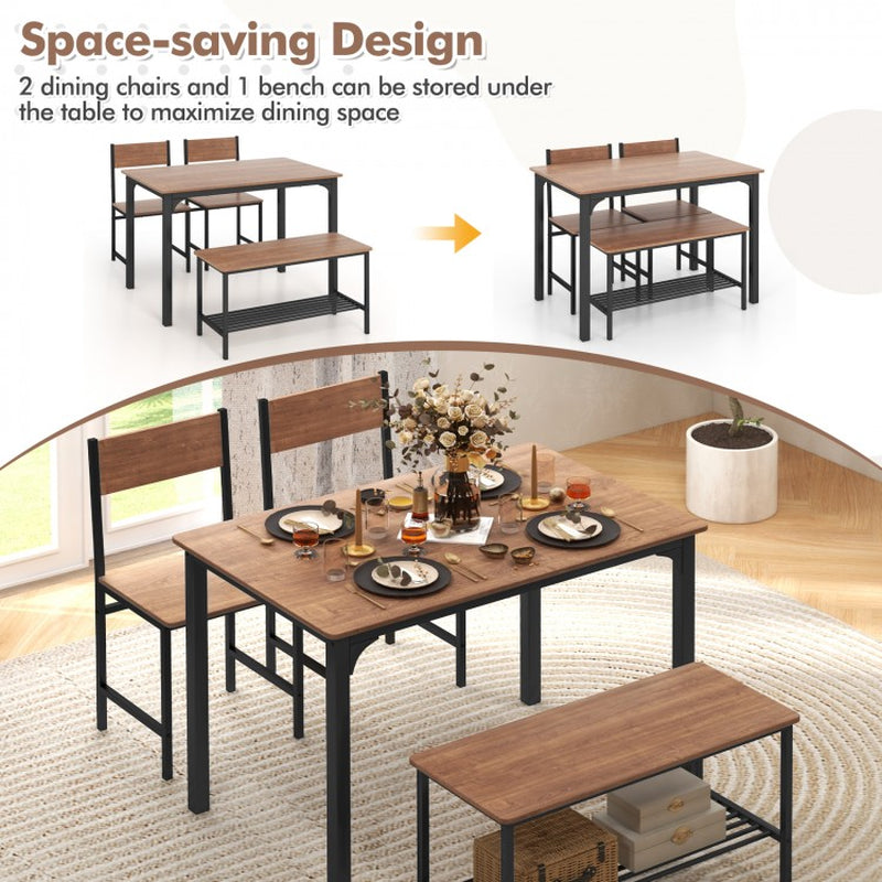 Rustic 4-Piece Dining Table Set with Two Chairs and Bench
