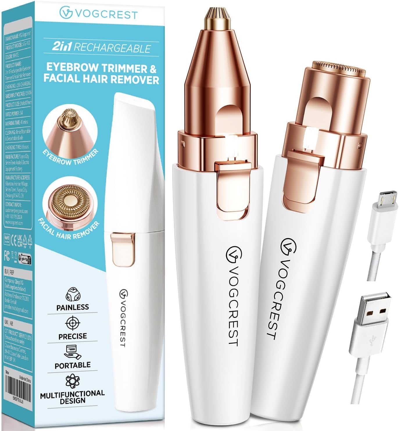Rechargeable 2-in-1 Eyebrow and Facial Hair Trimmer with Built-In LED Light - Painless Hair Removal for Face, Lips, and Body (White)