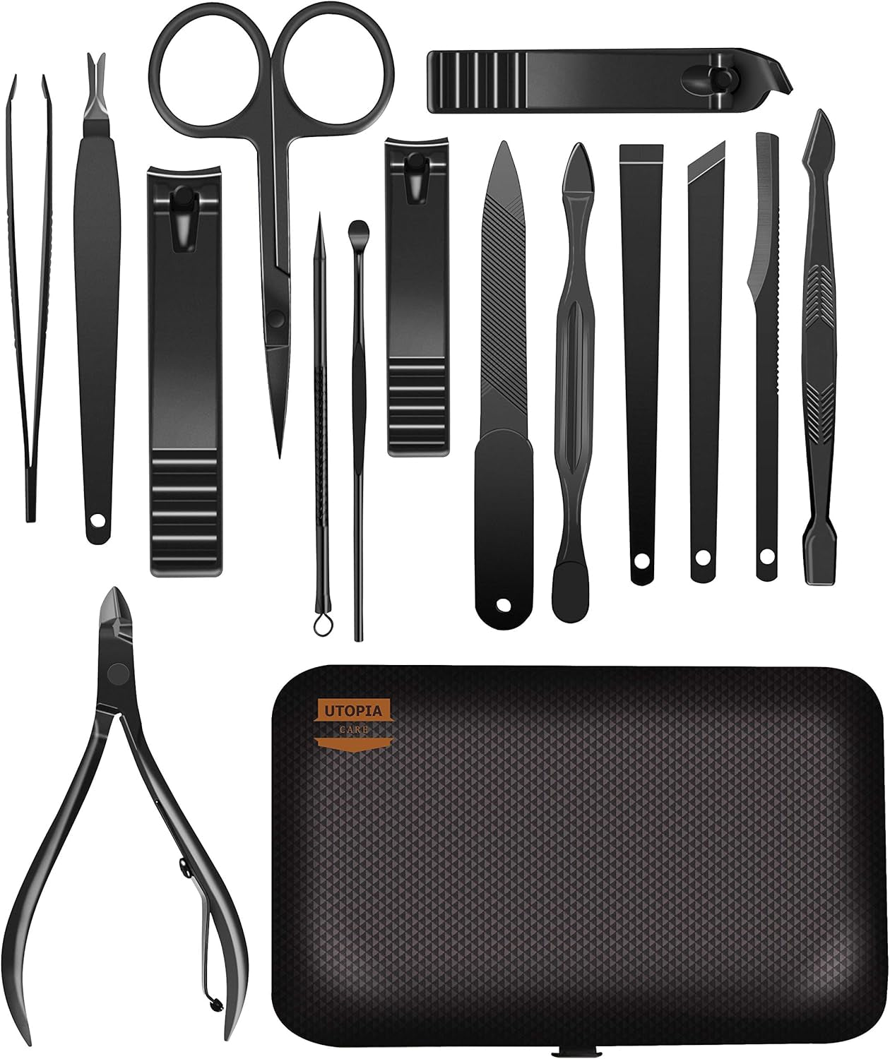 15-in-1 Professional Stainless Steel Manicure and Pedicure Set - Portable Grooming Kit Nail Care (Black)