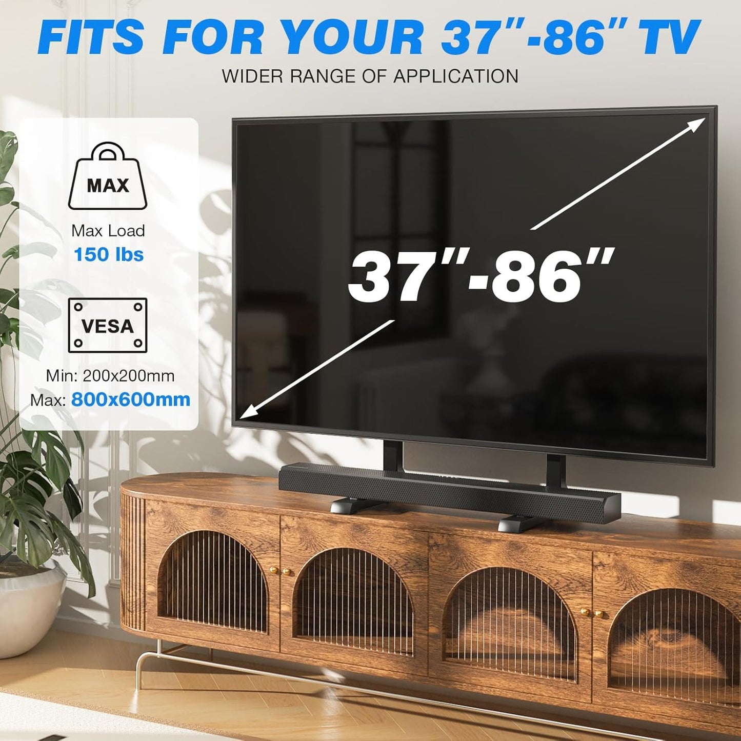 Height Adjustable Table Top TV Stand for 24 to 86 Inch Flat or Curved TVs, Supports up to 150 lbs, VESA 800x600mm, Black