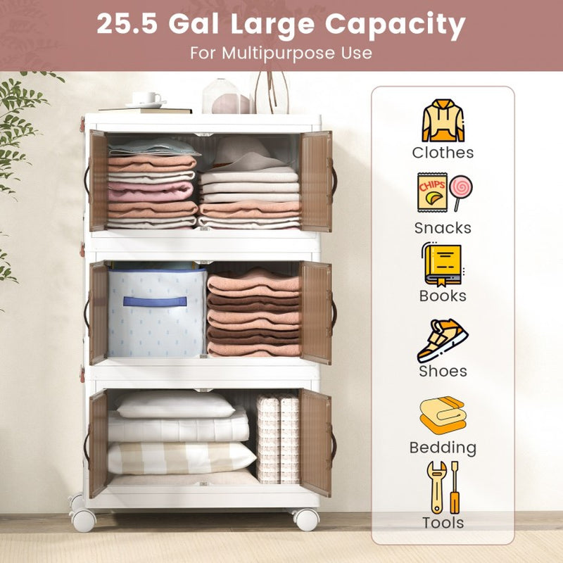 25.5/60 Gallon 3-Tier Stackable Storage Bins with Magnetic Doors and Lockable Casters