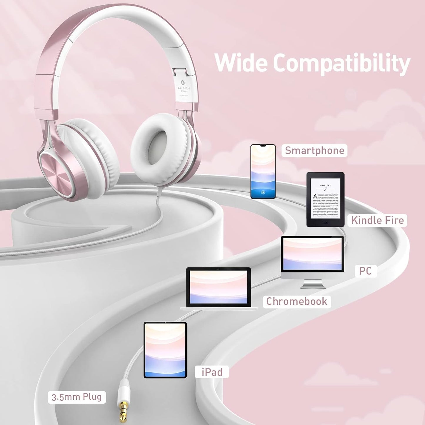 Rose Gold Wired On-Ear Headphones for Kids with Microphone, Adjustable and Foldable Design, Tangle-Free, Compatible with Chromebook and Laptop (3.5mm Jack)