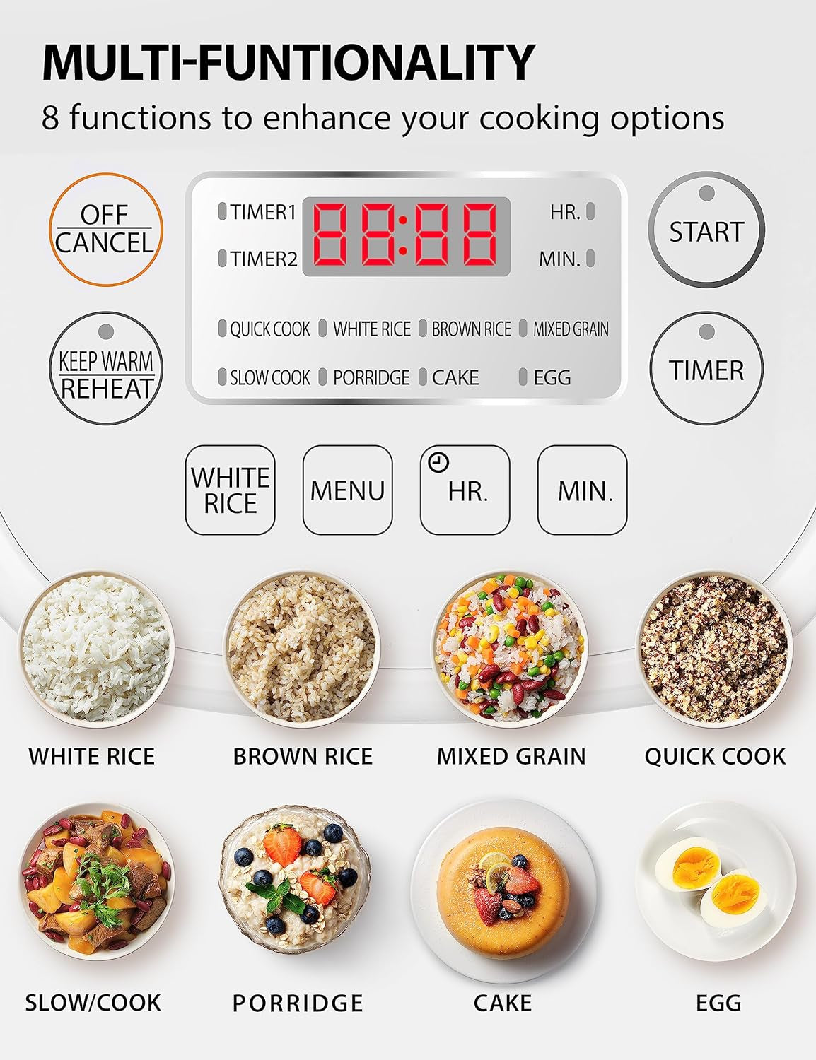 Rice Cooker Small 3 Cup Uncooked – LCD Display with 8 Cooking Functions, Fuzzy Logic Technology, Delay Timer. Auto Keep Warm, Non-Stick Inner Pot, White
