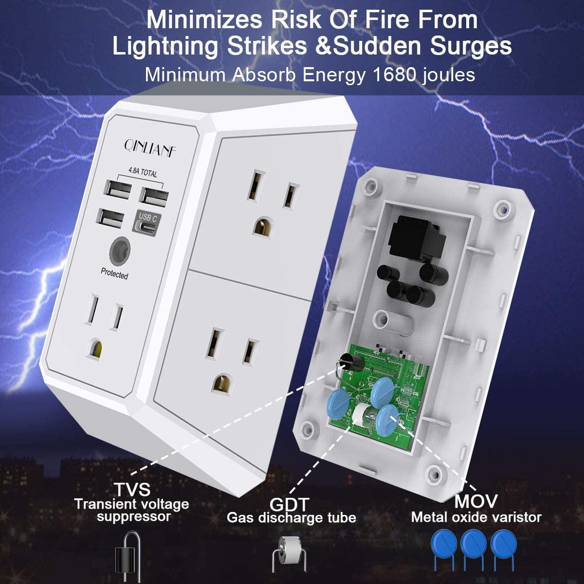 Wall Charger and Surge Protector, 5-Outlet Extender with 4 USB Charging Ports (4.8A Total), 3-Sided Power Strip with 1680J Surge Protection