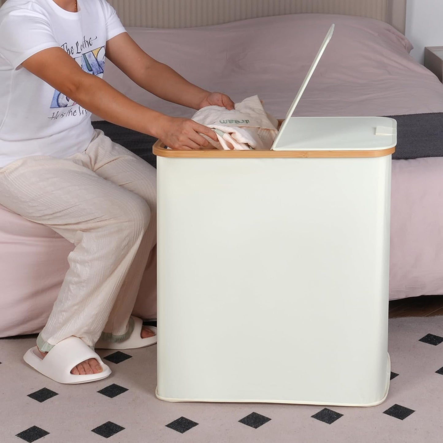 Laundry Hamper with Lid, Double Laundry Hamper with 2 Removable Bags, 2 Section Laundry Basket with Bamboo Handles for Bathroom, Bedroom & Laundry Room, 140L (36.9 Gallon) Beige
