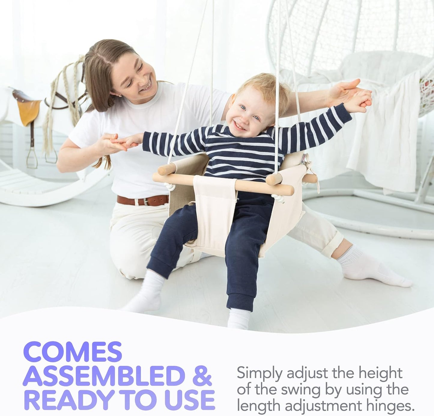 Ivory Canvas Baby Swing with Wooden Seat and Safety Belt - Durable Indoor/Outdoor Swing, Includes Mounting Hardware