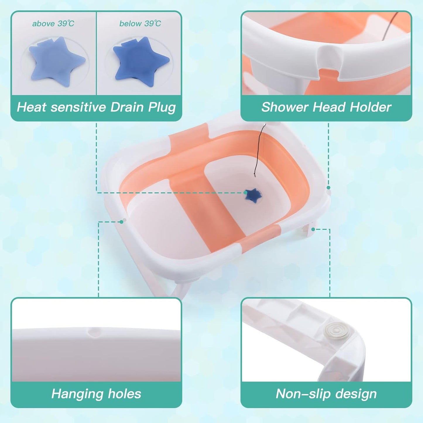 Portable Foldable Baby Bathtub, Multifunctional Collapsible Design, Drain Hole, Baby Bath Cushion - Waterproof Ear Cap