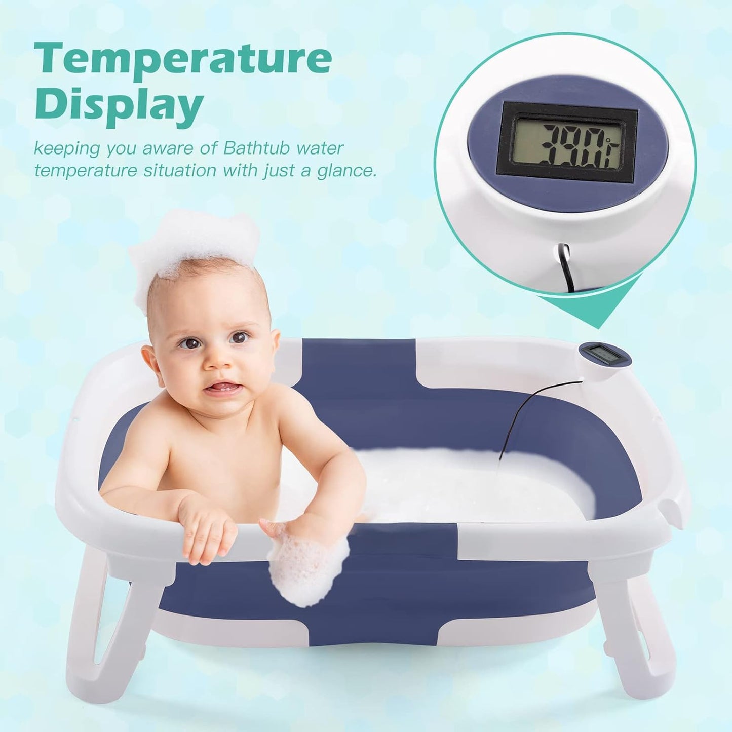 Portable Foldable Baby Bathtub - Travel Design, Drain Hole, Collapsible, Baby Bath Cushion, Waterproof Ear Cap