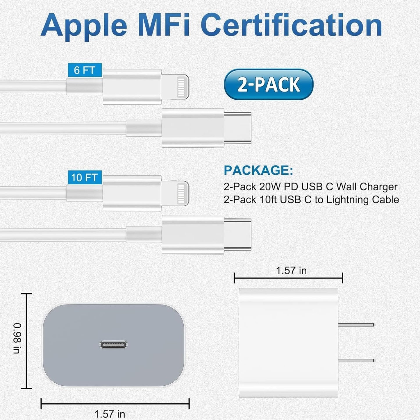 Apple MFi Certified iPhone Charger - Dual Pack Type C Wall Charger with 6FT and 10FT USB C to Lightning Cables for iPhone 14/13/12 Series and AirPods Pro