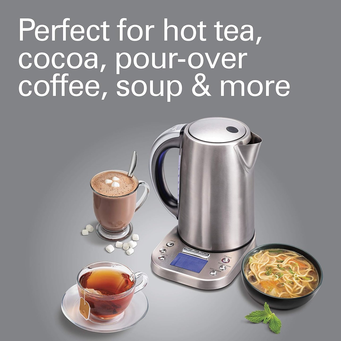 Hamilton Beach 41028 Professional Electric Kettle with Digital Controls, Six Preset Temperatures, LCD Display, 1500 Watts, Silver
