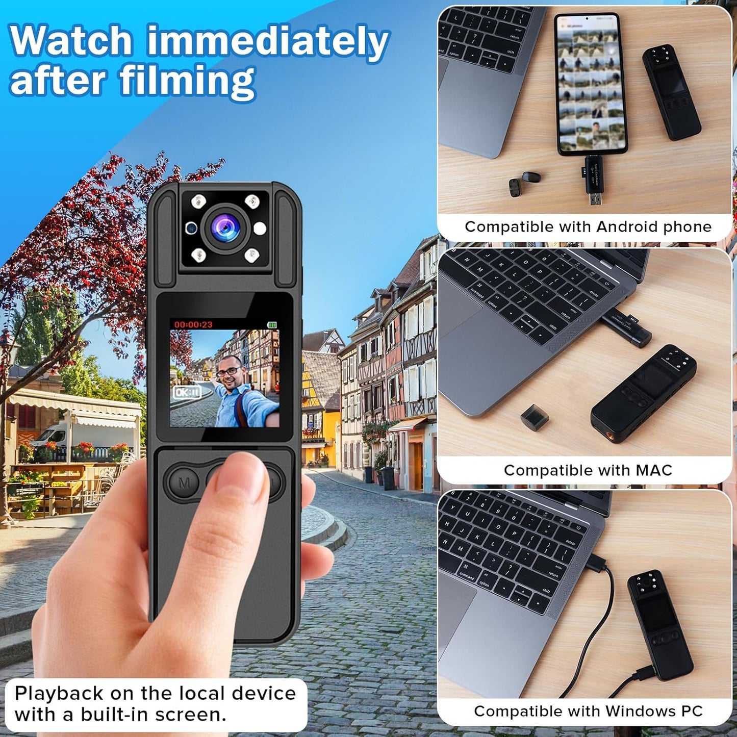 Professional Body Camera with Audio and Video Recording, 6-Hour HD 1296P, 180° Rotating Lens, Night Vision, 64GB Storage, Compatible with iPhone, Android, Mac, and Windows PC