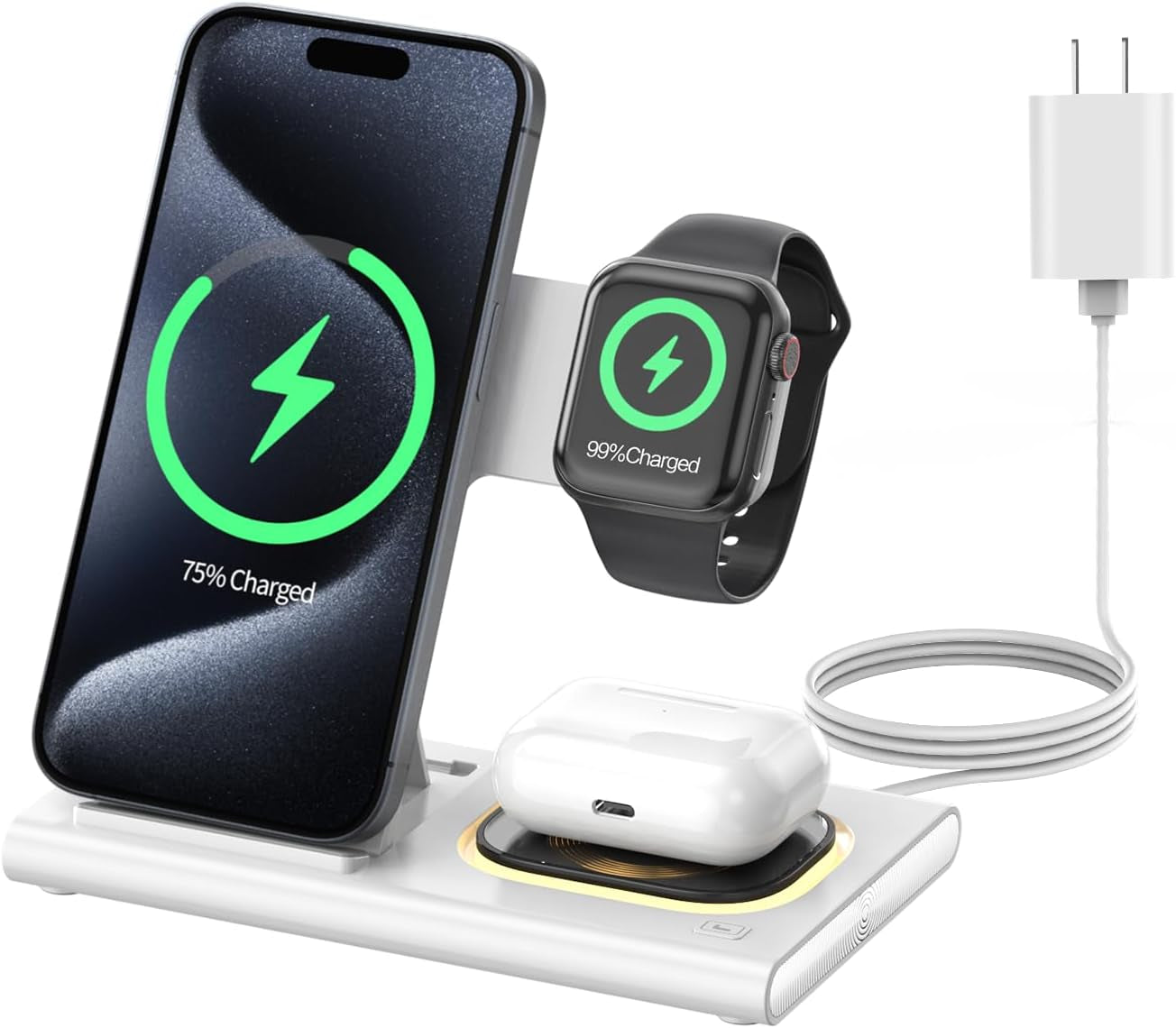 3-in-1 Foldable Wireless Charging Station for Apple Devices - Compatible with iPhone 11-16 Series, iWatch, and AirPods (White)