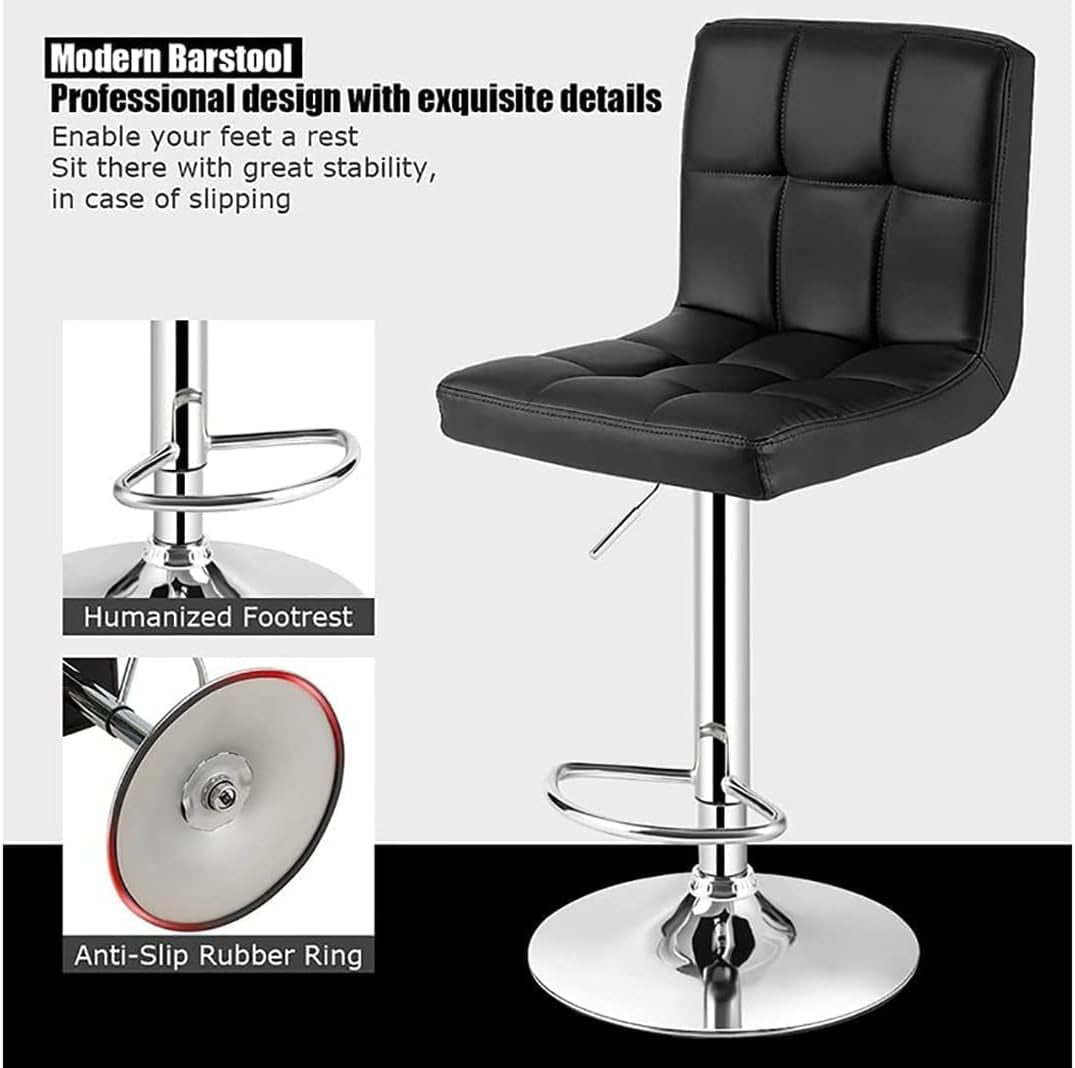 Set of 2 Adjustable Height Swivel Bar Stools in Black Bonded Leather with Backrest and Stability Features