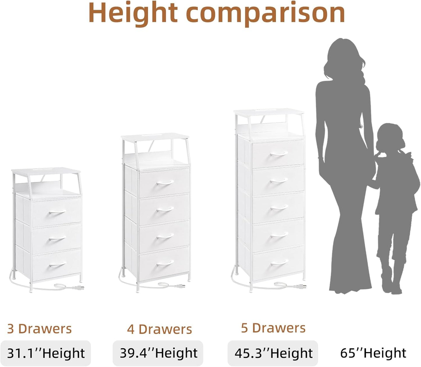 Nightstand Charging Station - LED Light Tall 4 Drawers Dresser - Fabric Bin, White Leather