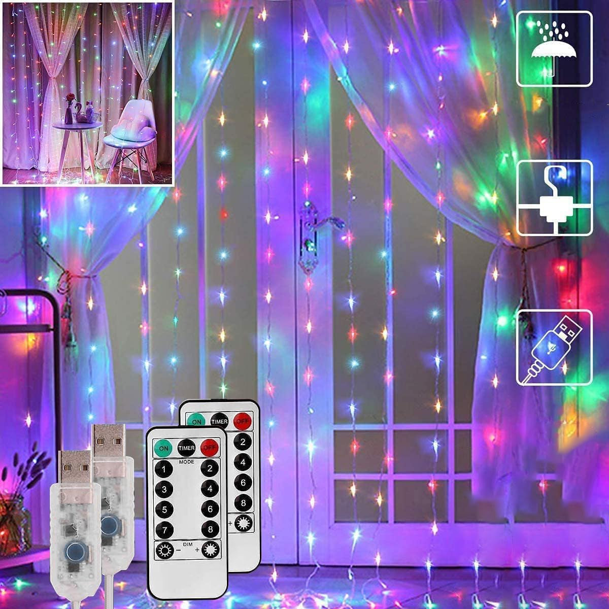 300 LED Warm White Curtain Fairy Lights with 8 Modes, USB Powered Icicle String Lights with Remote and Timer for Indoor and Outdoor Decoration (9.8 x 9.8 Ft)