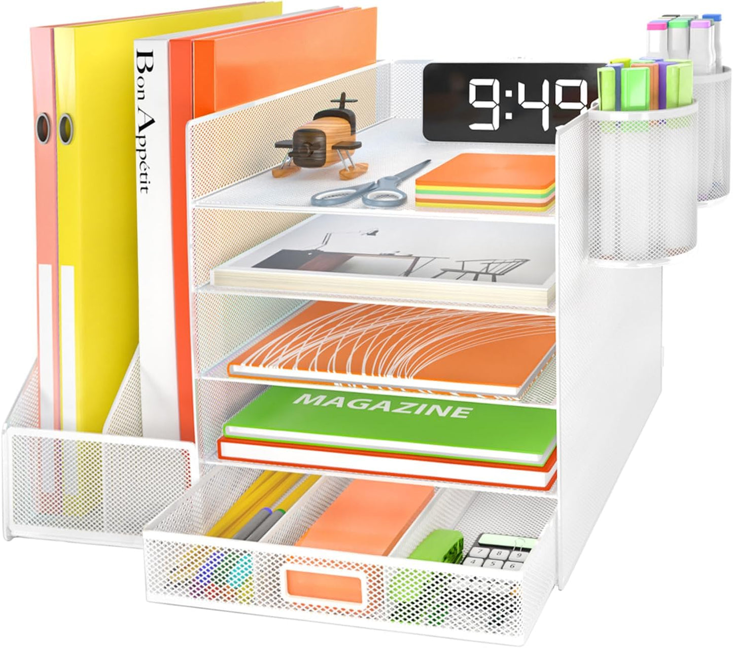 4-Tier Mesh Desk Organizer with File Holder, Drawer, and Pen Holders for Office Supplies
