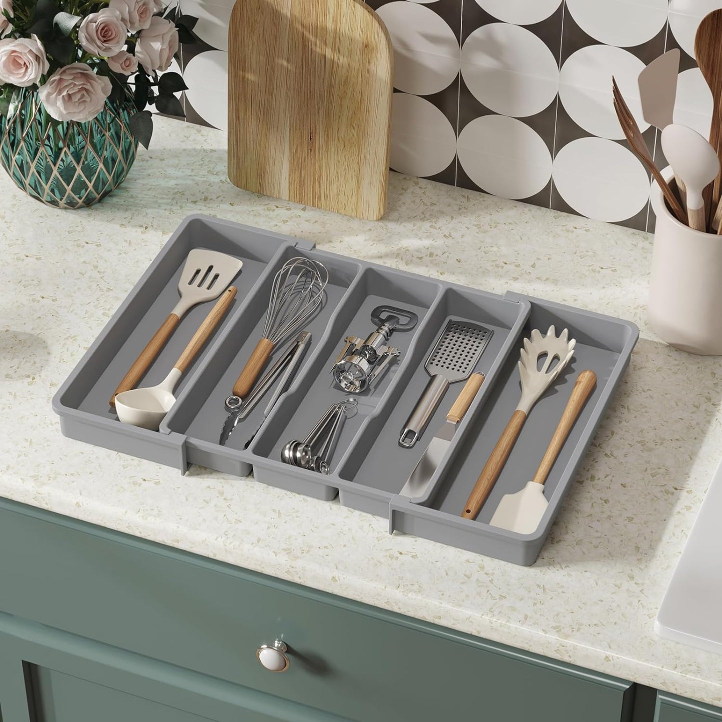 Expandable Kitchen Utensil Organizer Tray - Adjustable Cutlery and Silverware Holder, Large Gray Plastic Storage Divider