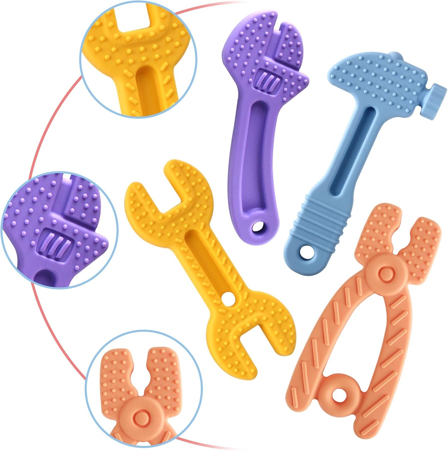 Baby Teether Toys, Soft Silicone Bpa-Free, 3-12 Months, Hammer Wrench Set, Easy to Hold & Clean (4 Pack)