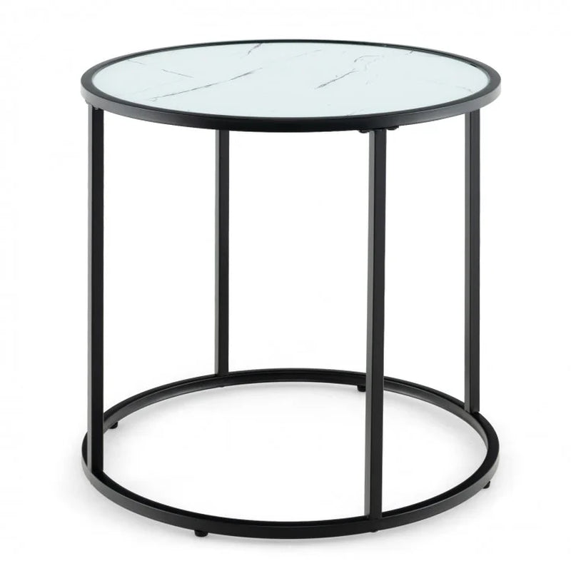 20-Inch Glass End Table Featuring a Metal Frame and Faux Marble Top