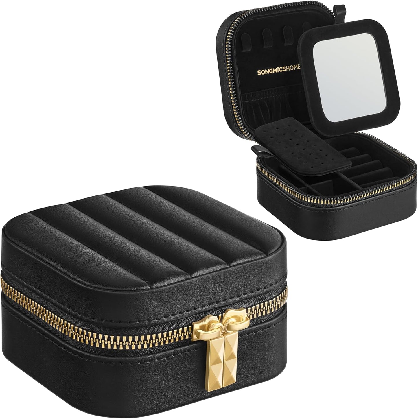Travel Jewelry Box - Compact Jewelry Organizer with Mirror, PU Leather with Stitching, Portable Design, Zipper Closure