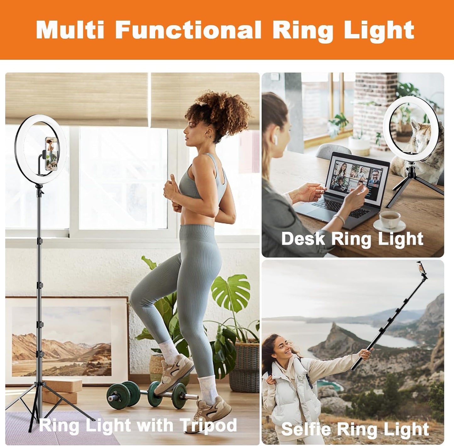 12-Inch Dimmable LED Ring Light with 73-Inch Tripod Stand and Desk Mount, Featuring 38 Color Modes and Phone Holder