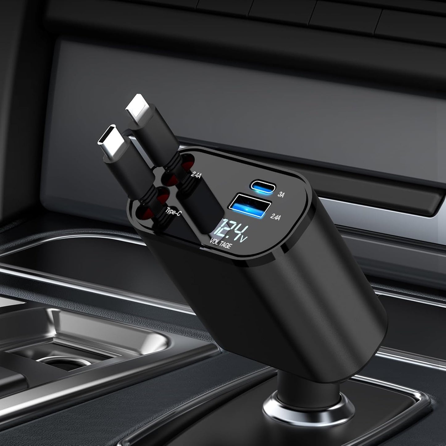 Retractable 4-in-1 Fast Charging Car Charger - 60W with Retractable Cable and Dual USB Ports