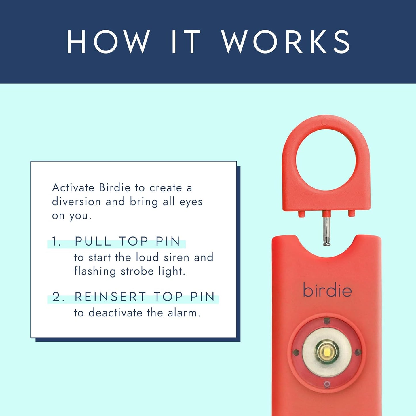 Personal Safety Alarm - Loud Siren, Strobe Light, Solid Brass Key Chain in a Variety of Colors (Coral)